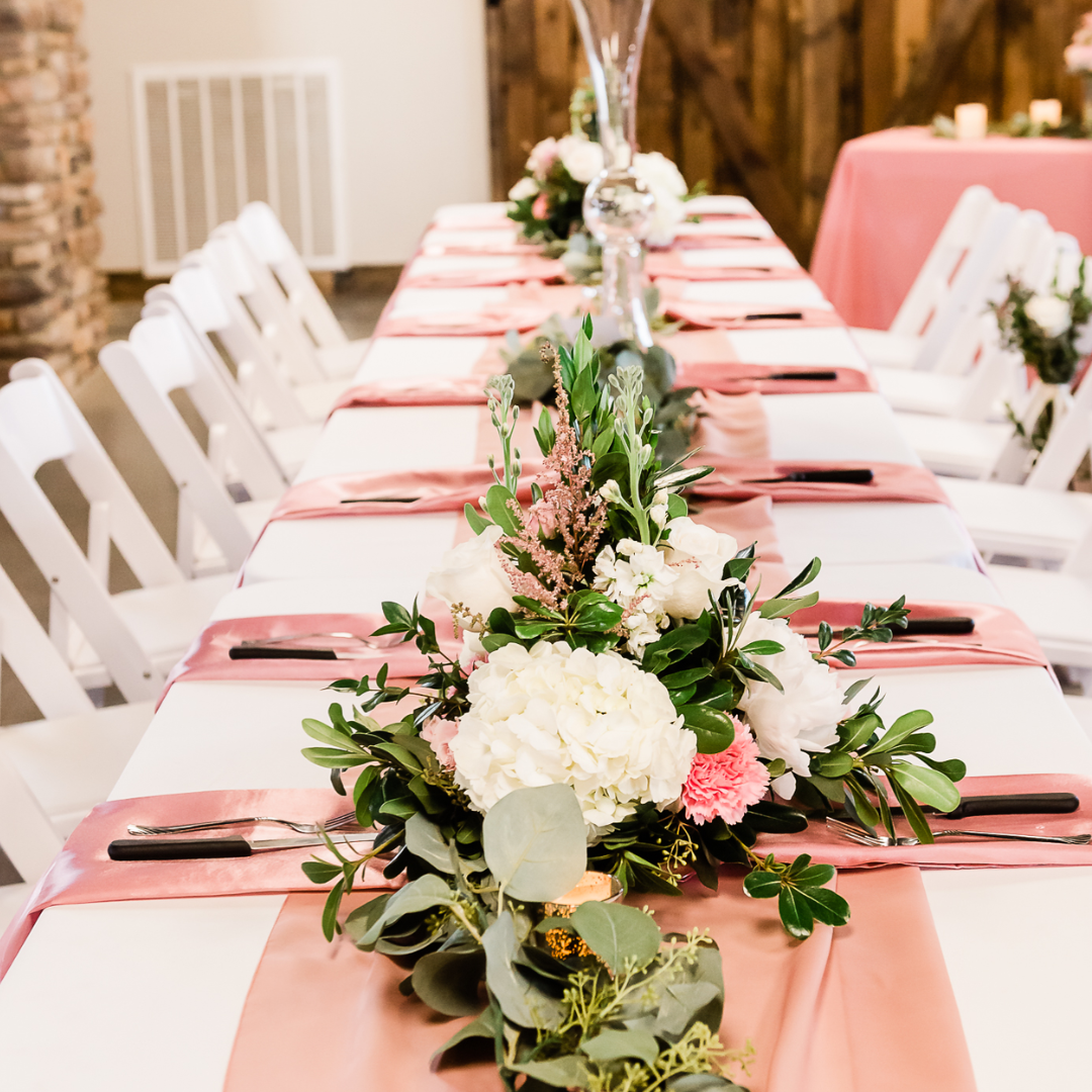 pink and green wedding reception decor and flowers