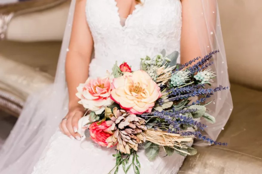 white, pink, and blue bridal bouquet