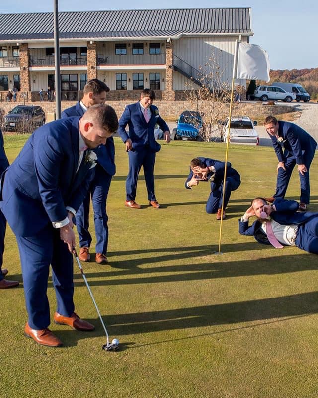 groom and groomsmen playing golf